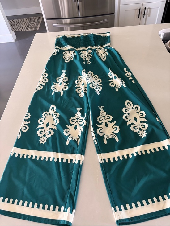 PrettyGarden Pants - Green& Cream Strapless Wide-Leg Jumpsuit